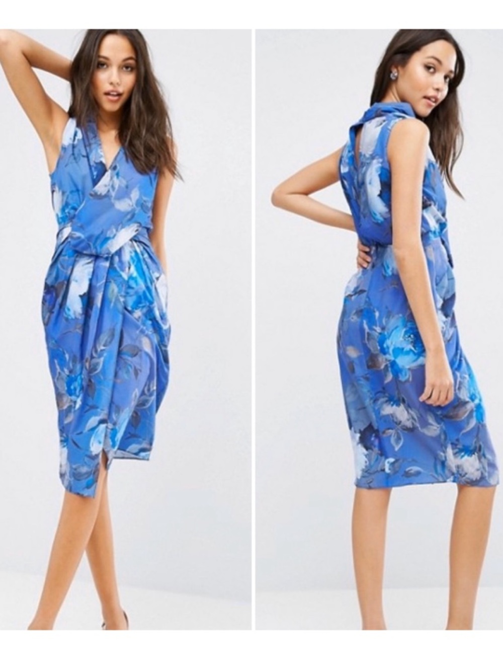 ASOS Women’s Blue Floral Halter Neck Wrap Front Design Midi Dress Size 12